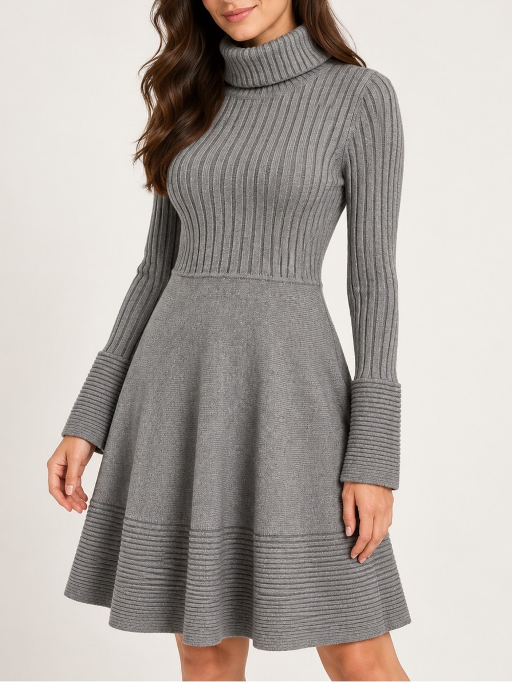 Eliza J Gray Ribbed Turtleneck Fit & Flare Sweater Dress S